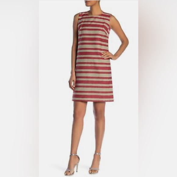 Lafayette 148 New York Twiggy Sleeveless Woven Stripe Sunset Multi Shift Dress. - Picture 2 of 7